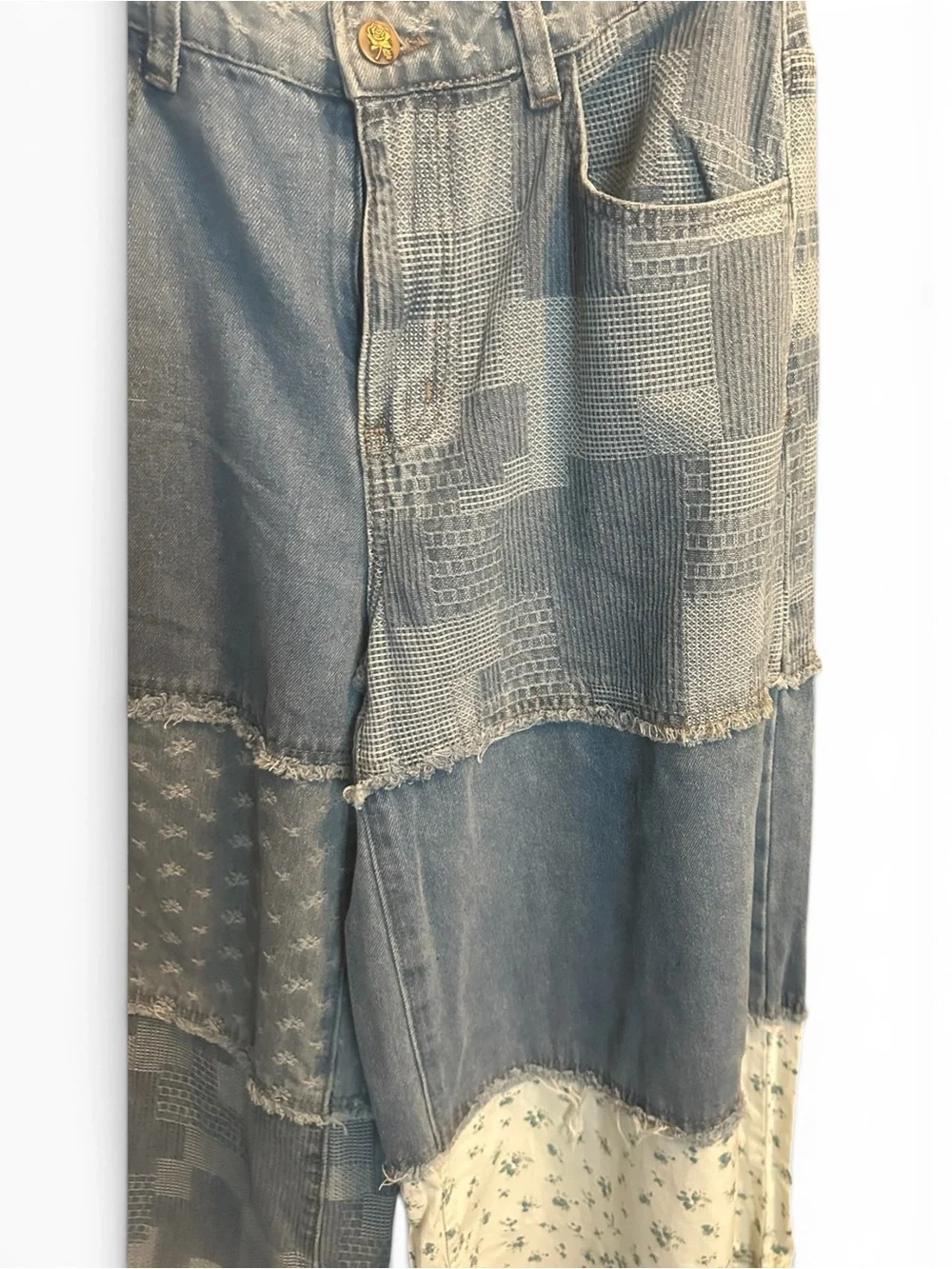 BellanBlue Patchwork Wide Leg Jeans in Light Blue and Cream Lg